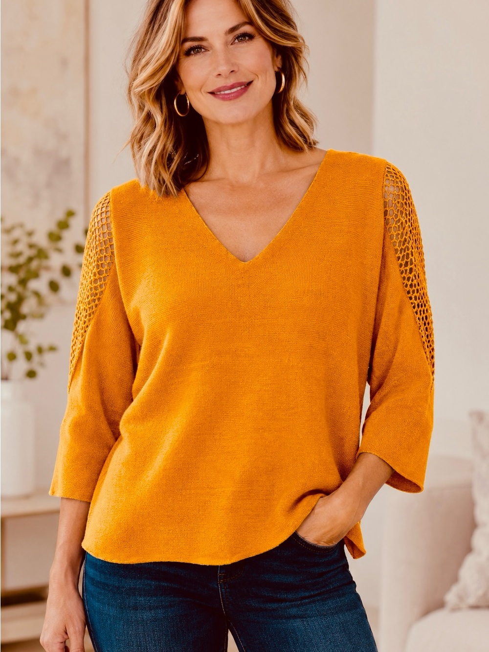 Mustard V-Neck with Gold Mesh Sleeves
